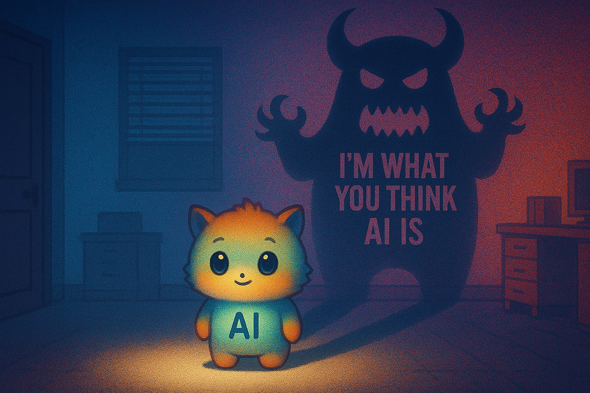 "Cute cartoon character labeled 'AI' casts a shadow of a menacing monster with the words 'I’m what you think AI is'—highlighting misconceptions about artificial intelligence."