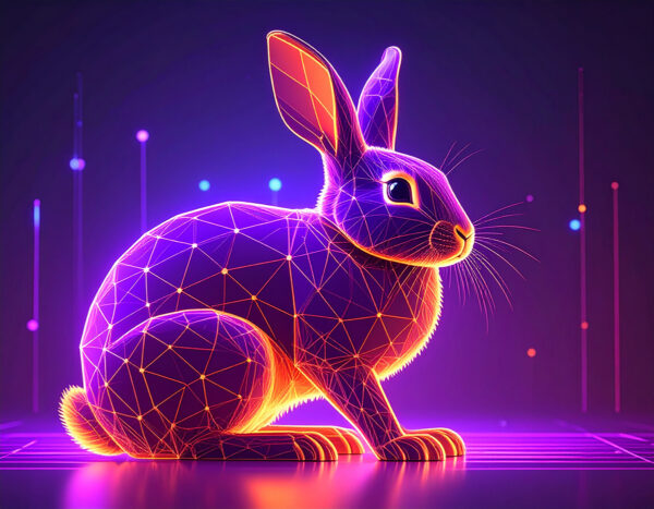 A glowing neon rabbit with a geometric design, symbolizing the fusion of AI and humanity—representing everyday heroes shaping a bold, tech-driven future.
