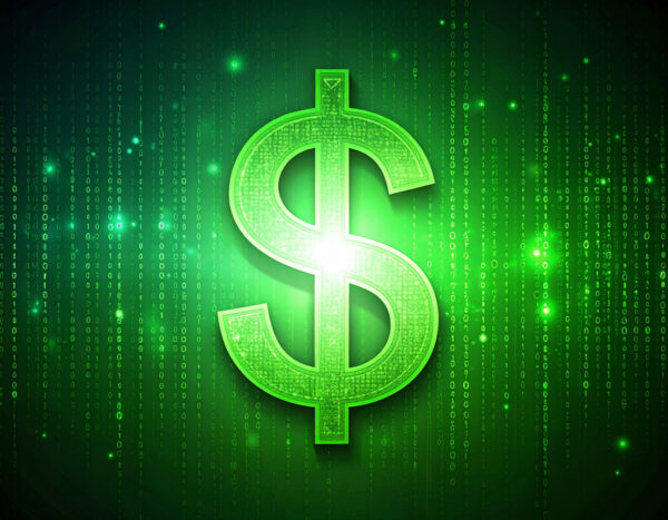 A glowing green digital dollar sign with binary code background, symbolizing the intersection of technology and financial accessibility.