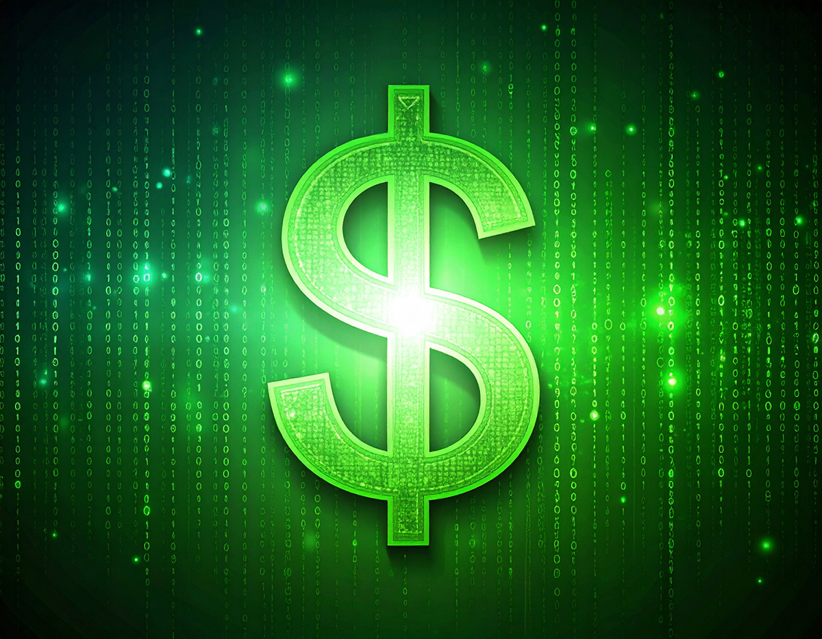 A glowing green digital dollar sign with binary code background, symbolizing the intersection of technology and financial accessibility.