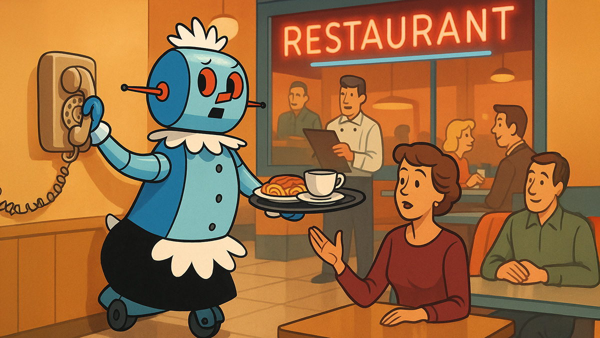 Yelp Empowers Restaurants with AI Call Handling and Reservations: Cartoon robot waitress multitasking in a restaurant—serving food while talking on a corded phone—symbolizing Yelp’s AI call handling and reservation features.