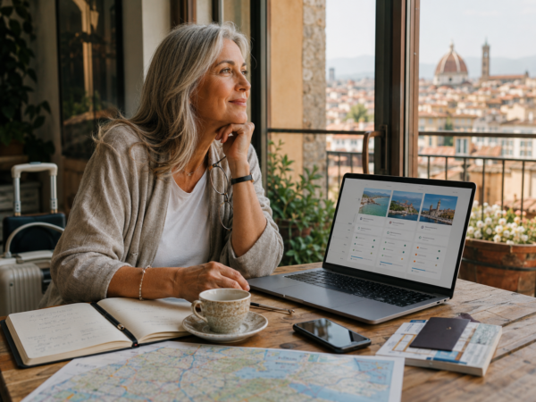 Woman planning a trip at a café table, using a laptop with travel information while overlooking a historic city skyline.