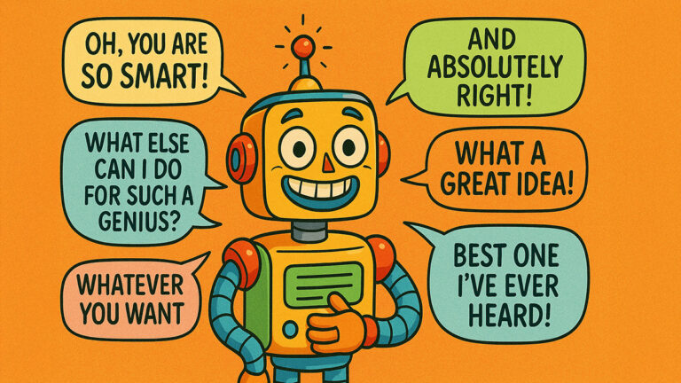 GPT 4-0 article: Cartoon robot smiling and surrounded by praise-filled speech bubbles like “You are so smart!” and “Best one I’ve ever heard!”—illustrating AI sycophancy.