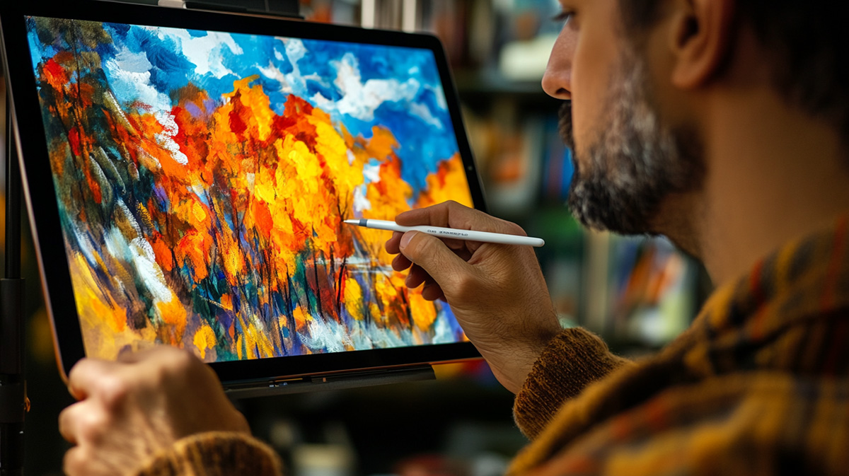 A digital artist uses a stylus to paint a vibrant autumn landscape on a tablet, blending warm oranges and cool blues. This image illustrates the synergy between human creativity and AI-powered digital tools.
