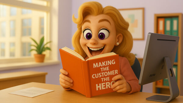 Animated woman at a desk excitedly reading a book titled "Making the Customer the Hero," symbolizing story-driven marketing and customer-centered messaging.